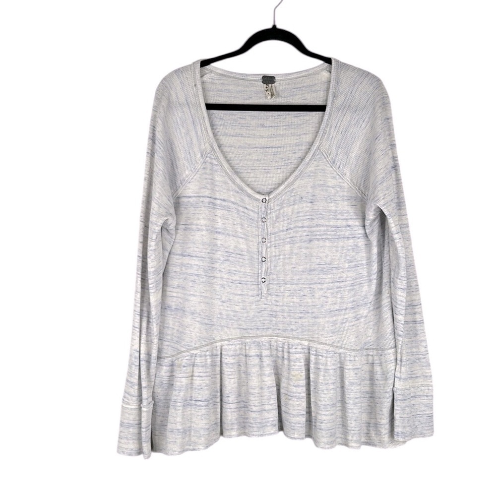 Free People White & Blue Ribbed Thermal Long Sleeve Flowy Henley Top Size Medium